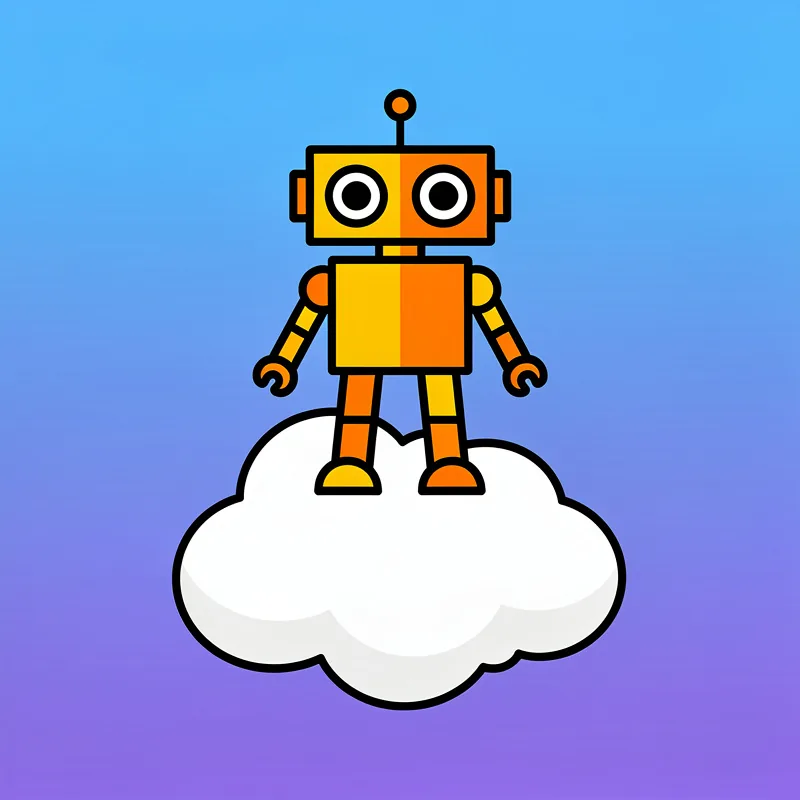 A cartoon robot with a yellow and orange rectangular body, large circular eyes, and an antenna stands on top of a white cloud against a blue-to-purple gradient background.