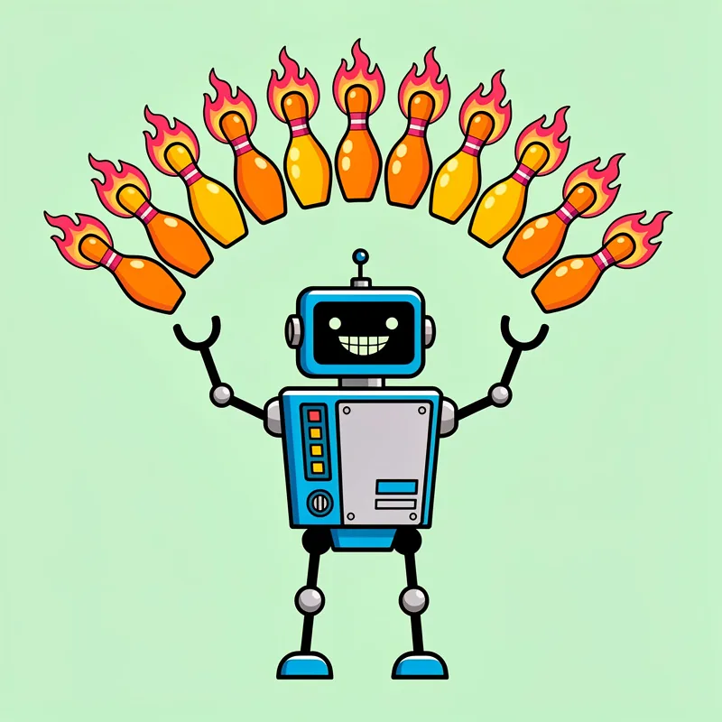 A cheerful blue and gray robot with a smiling face stands with arms raised, juggling ten orange bowling pins that are on fire, arranged in an arc above its head. The background is a light green color.