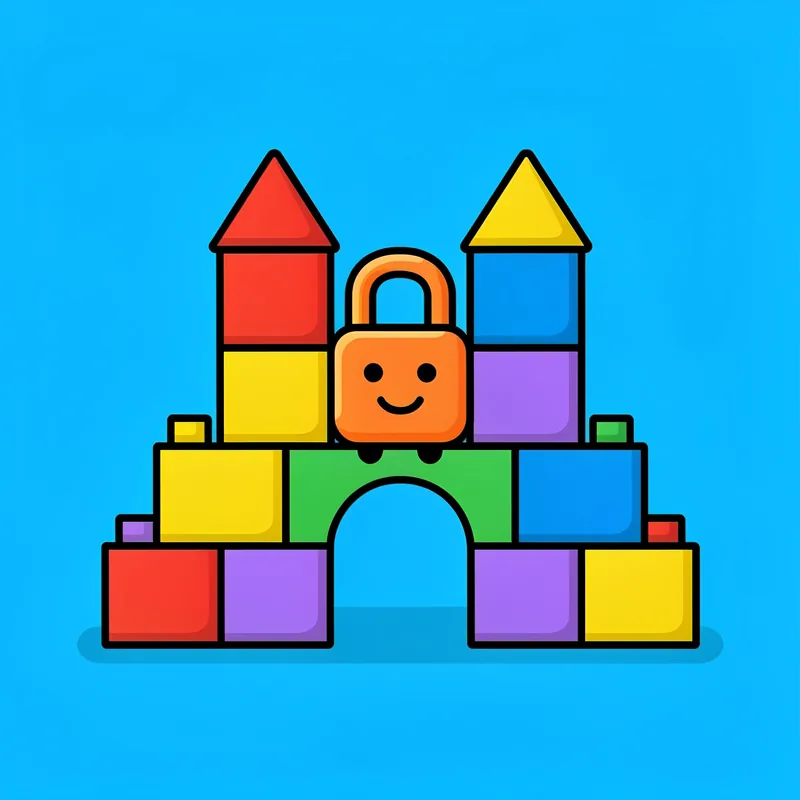 Colorful toy building blocks stacked into a small fortress with a friendly cartoon padlock on its gate, on a bright blue background.
