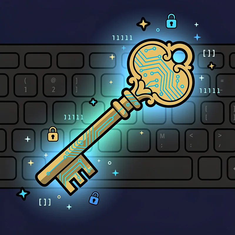 A brass key with a circuit-board pattern on its bow resting on a dark keyboard, lit by a cool blue glow.