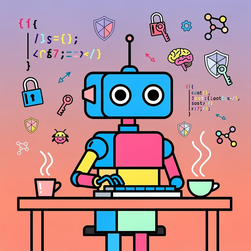 A colorful illustration of a blue and pink robot sitting at a desk typing on a laptop, surrounded by floating icons including code snippets, security shields, padlocks, bugs, brain, gears, and network diagrams against a gradient purple-to-orange background, with two steaming coffee cups on either side of the desk.
