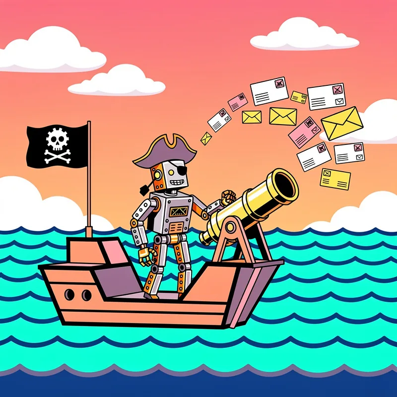 Pirate robot standing on a ship firing a cannon of envelopes and packages into the ocean

