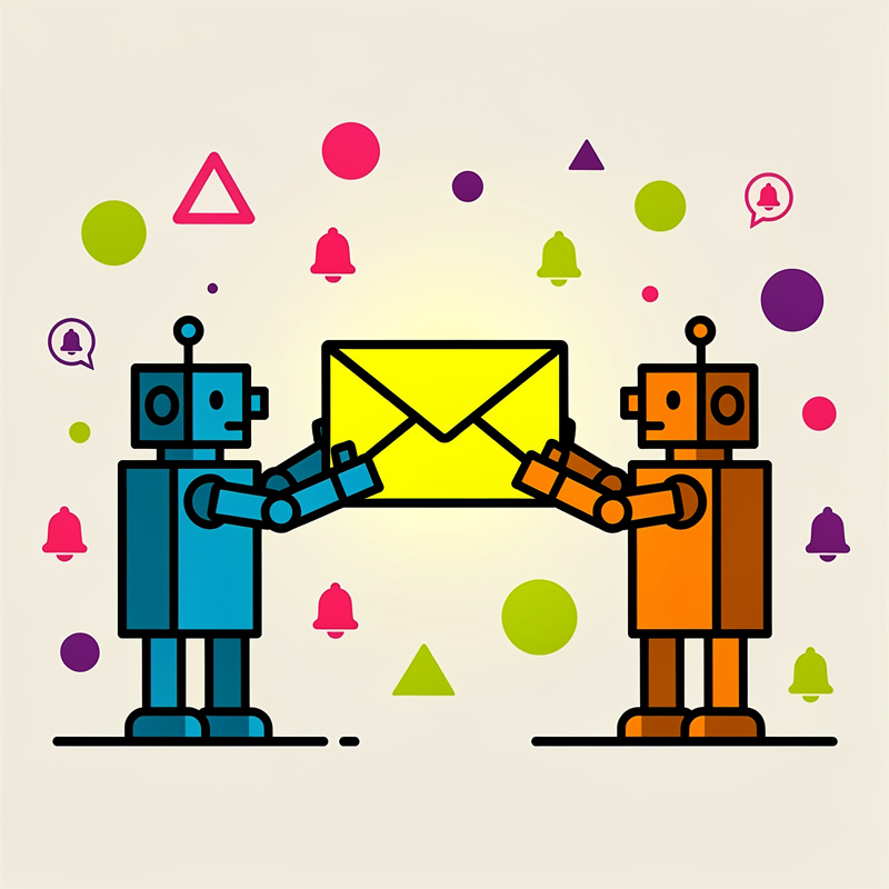 Two robots, one blue on the left and one orange on the right, are holding a large yellow envelope with a black outline between them. The background is beige with scattered colorful geometric shapes (circles, triangles) and bell icons in pink, purple, lime green, and other colors floating around them.