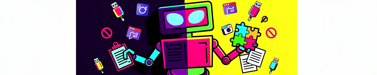 A robot with a boxy head featuring glowing cyan and magenta eyes sits at a desk working on documents, with its body colored in cyan, magenta, and dark purple/black. The image is split diagonally with a dark purple background on the left showing scattered USB drives and a git branch icon, while the right side has a yellow background featuring puzzle pieces, a document with a bug icon, a pencil, a browser window icon, and additional USB drives.