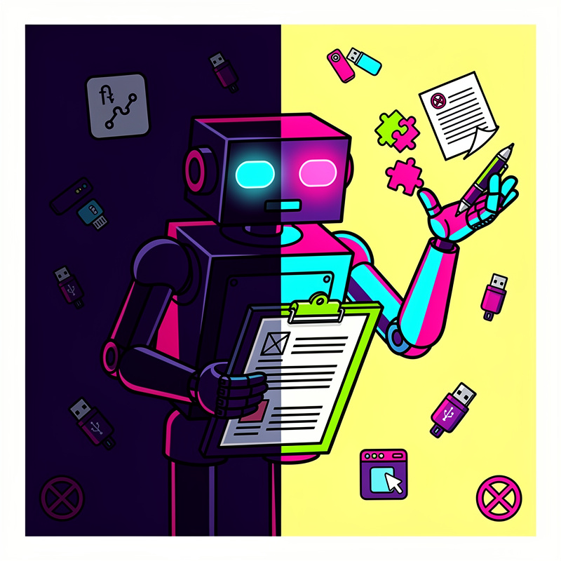 A robot with a boxy head featuring glowing cyan and magenta eyes sits at a desk working on documents, with its body colored in cyan, magenta, and dark purple/black. The image is split diagonally with a dark purple background on the left showing scattered USB drives and a git branch icon, while the right side has a yellow background featuring puzzle pieces, a document with a bug icon, a pencil, a browser window icon, and additional USB drives.