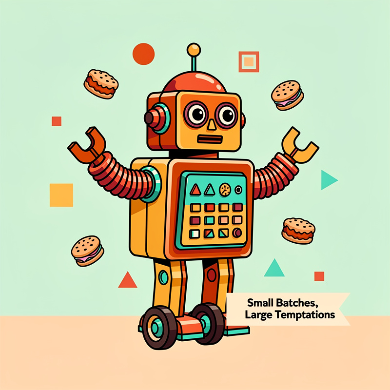 An orange and yellow cartoon robot with striped accordion arms, wheels for feet, and a control panel on its chest stands centered against a mint green background, surrounded by floating cookies and geometric shapes. Text in the bottom right reads "Small Batches, Large Temptations" in black font.