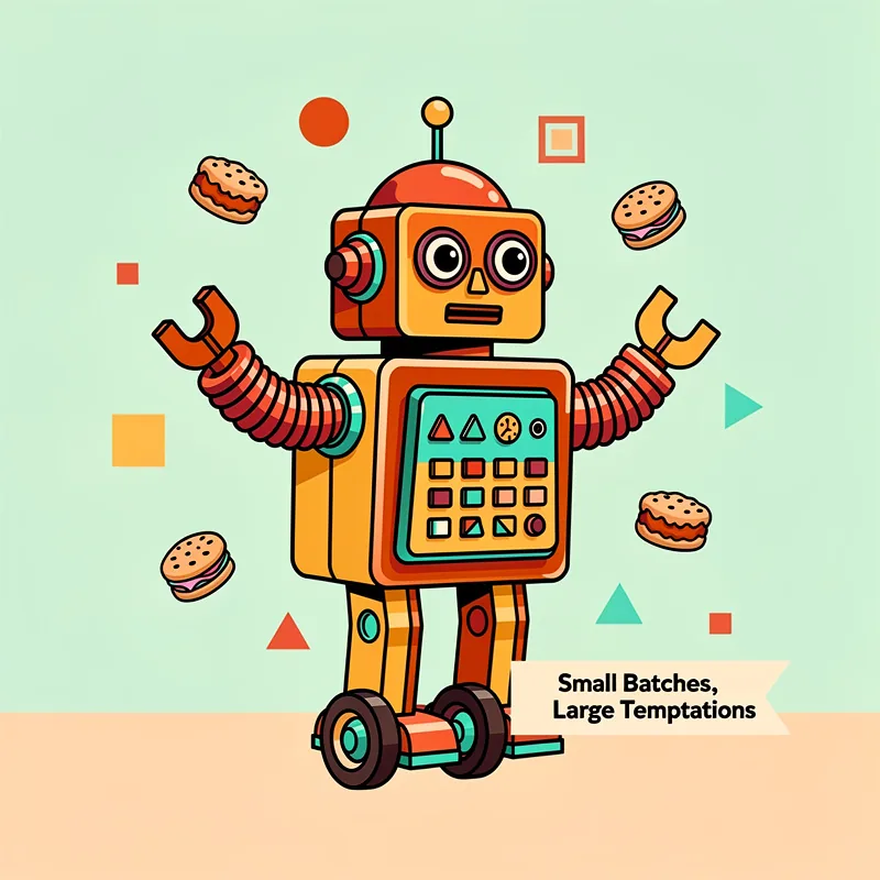 An orange and yellow cartoon robot with striped accordion arms, wheels for feet, and a control panel on its chest stands centered against a mint green background, surrounded by floating cookies and geometric shapes. Text in the bottom right reads "Small Batches, Large Temptations" in black font.