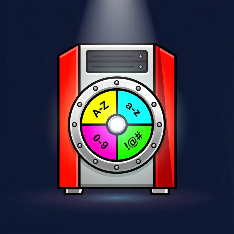 A red and silver server tower with a vault door on its front panel, the dial marked with uppercase, lowercase, digit and symbol segments, lit dramatically on a dark navy background.