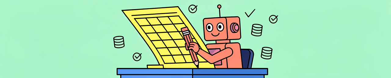 A cartoon robot with a coral-pink colored cubic body sits at a blue desk, holding a pencil while working on a large yellow grid/spreadsheet. The background is mint green with floating database icons and checkmarks scattered around the scene.