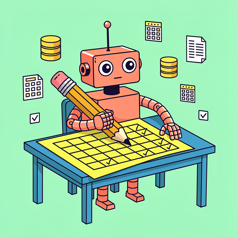 A coral-colored robot with large circular eyes sits at a blue table, holding a yellow pencil and marking checkboxes on a yellow grid paper, surrounded by floating icons including databases (yellow cylindrical stacks), documents, spreadsheets, and checkmarks against a mint green background.