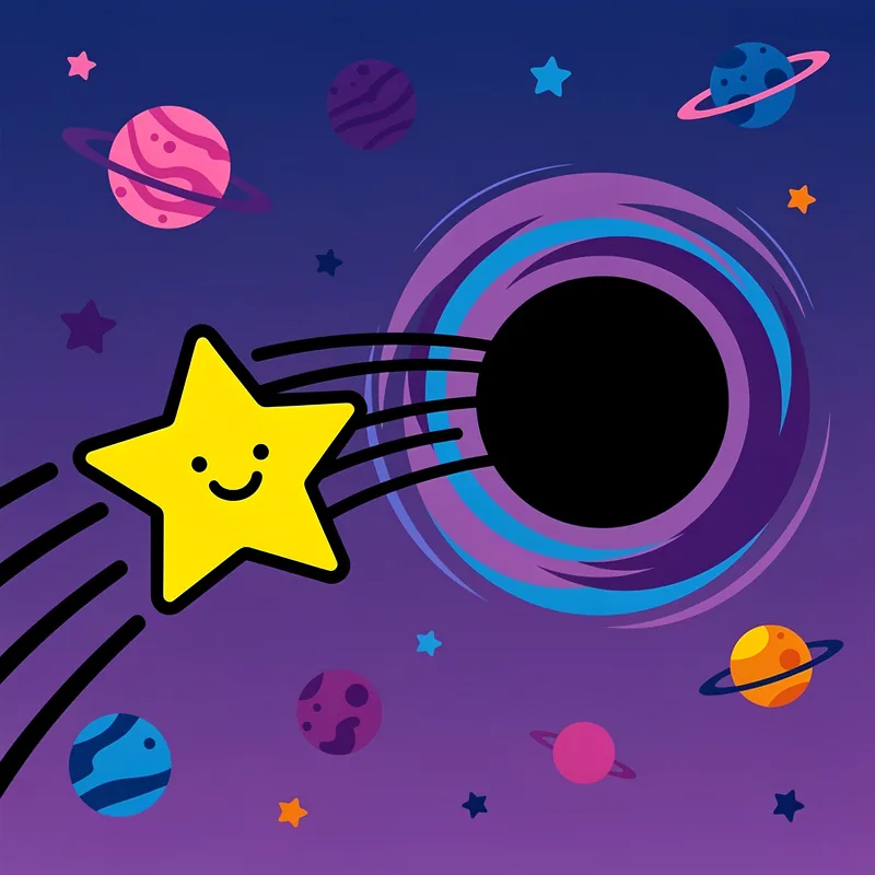 A star being collected by a black hole. The star is bright yellow with a happy face, and the background is a cosmic scene with vibrant colors like purple and blue. The black hole has thick black outlines and is surrounded by colorful stars and planets. The overall style is whimsical and surreal, with a minimalist approach to the characters.