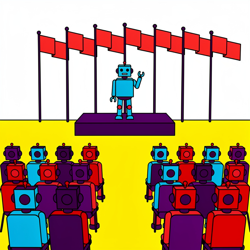 A blue robot stands on a purple platform addressing an audience of colorful robots (red, blue, purple, and cyan) seated in rows, with red flags hanging on poles in the background against a yellow floor and white upper wall.