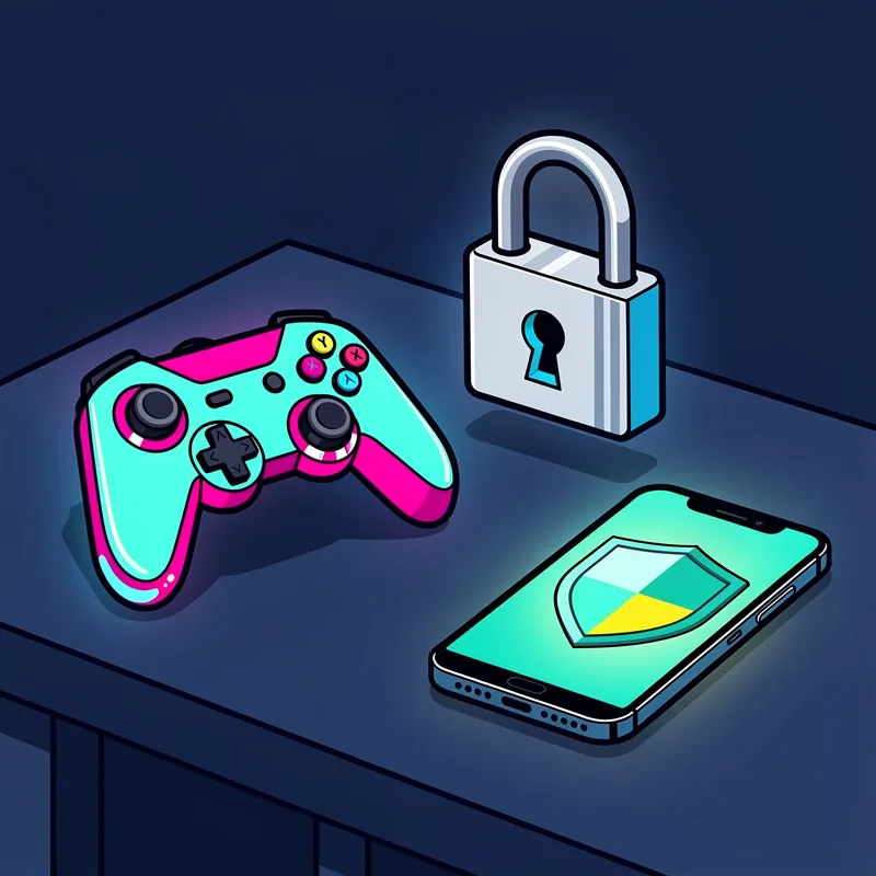 A glowing game controller resting on a dark blue desk beside a steel padlock and a smartphone showing an abstract shield, lit by cool blue light.