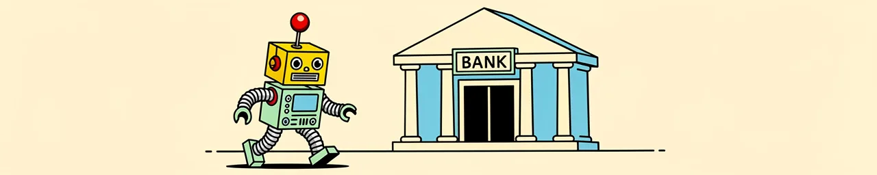 1970's retro toy robot with a yellow square head, boxy body, grille mouth, antenna with a red ball on top, silver corrugated arms and legs walking into a bank to get a loan
