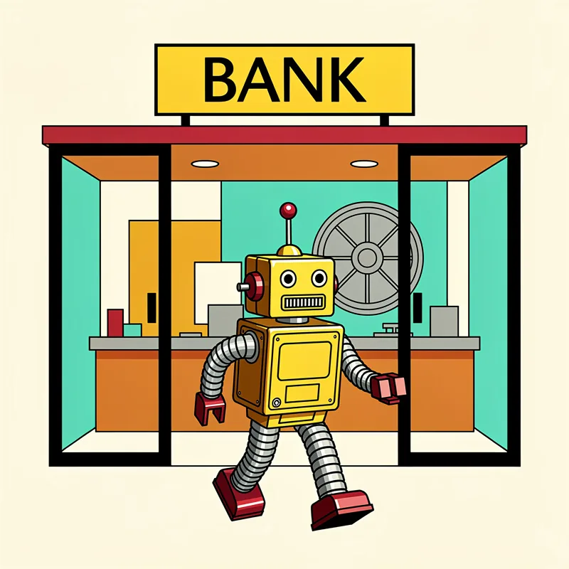 1970's retro toy robot with a yellow square head, boxy body, grille mouth, antenna with a red ball on top, silver corrugated arms and legs walking into a bank to get a loan