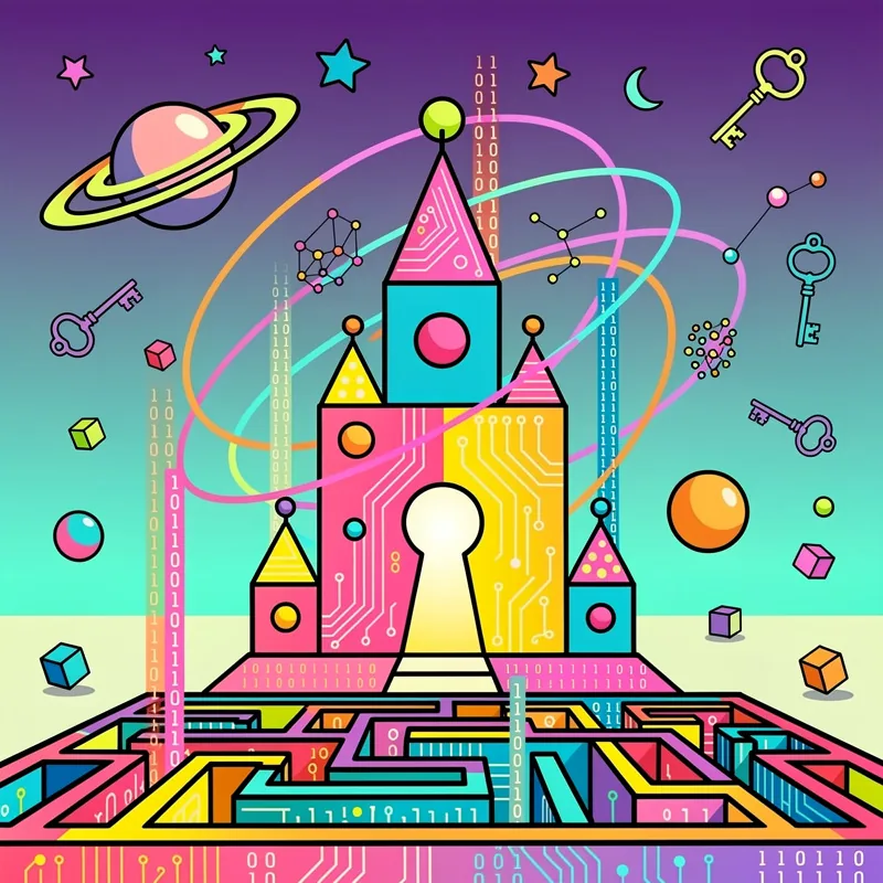 Vibrant geometric castle with keyhole entrance, surrounded by cosmic elements and floating shapes, representing artificial intelligence, machine learning algorithms, and tech innovation. Colorful surreal landscape with maze-like foundation, symbolizing complex problem-solving in Python programming and NLP challenges.