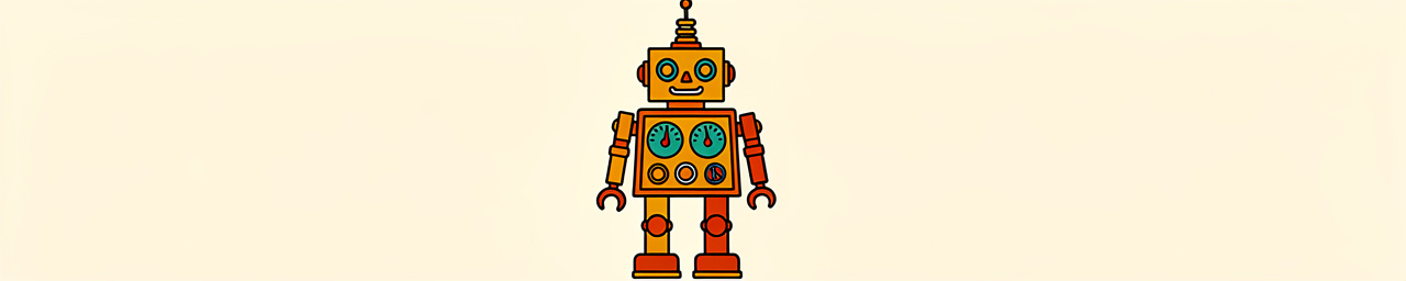 A colorful cartoon robot illustration in orange, yellow, and teal colors with a rectangular head featuring large circular eyes, a triangular nose, and a smile. The robot has a boxy body with two gauge dials, claw-like hands, striped arms and legs with yellow joints, orange feet, and a spinning top-like antenna on its head, all set against a pale beige background.