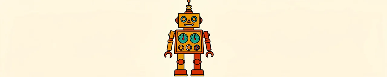 A colorful cartoon robot illustration in orange, yellow, and teal colors with a rectangular head featuring large circular eyes, a triangular nose, and a smile. The robot has a boxy body with two gauge dials, claw-like hands, striped arms and legs with yellow joints, orange feet, and a spinning top-like antenna on its head, all set against a pale beige background.