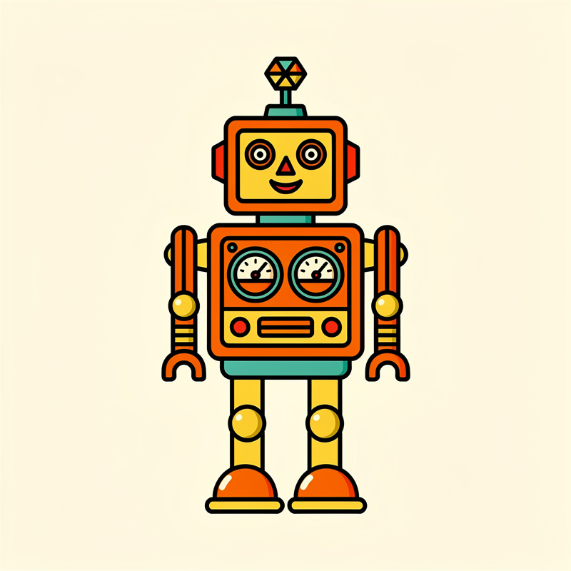 A colorful cartoon robot illustration in orange, yellow, and teal colors with a rectangular head featuring large circular eyes, a triangular nose, and a smile. The robot has a boxy body with two gauge dials, claw-like hands, striped arms and legs with yellow joints, orange feet, and a spinning top-like antenna on its head, all set against a pale beige background.