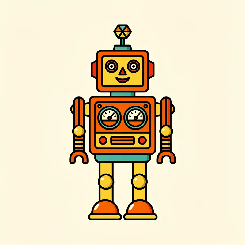 A colorful cartoon robot illustration in orange, yellow, and teal colors with a rectangular head featuring large circular eyes, a triangular nose, and a smile. The robot has a boxy body with two gauge dials, claw-like hands, striped arms and legs with yellow joints, orange feet, and a spinning top-like antenna on its head, all set against a pale beige background.