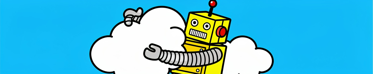 A yellow cartoon robot with red circular ear pieces, large round eyes, and a rectangular mouth stands against a bright blue background, holding a white cloud shape in its articulated arms. The robot has spring-like legs, yellow rectangular feet, and a red antenna ball on top of its head.
