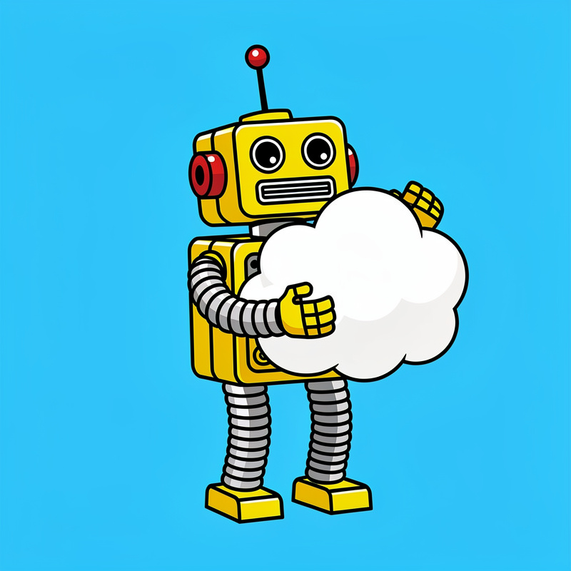 A yellow cartoon robot with red circular ear pieces, large round eyes, and a rectangular mouth stands against a bright blue background, holding a white cloud shape in its articulated arms. The robot has spring-like legs, yellow rectangular feet, and a red antenna ball on top of its head.