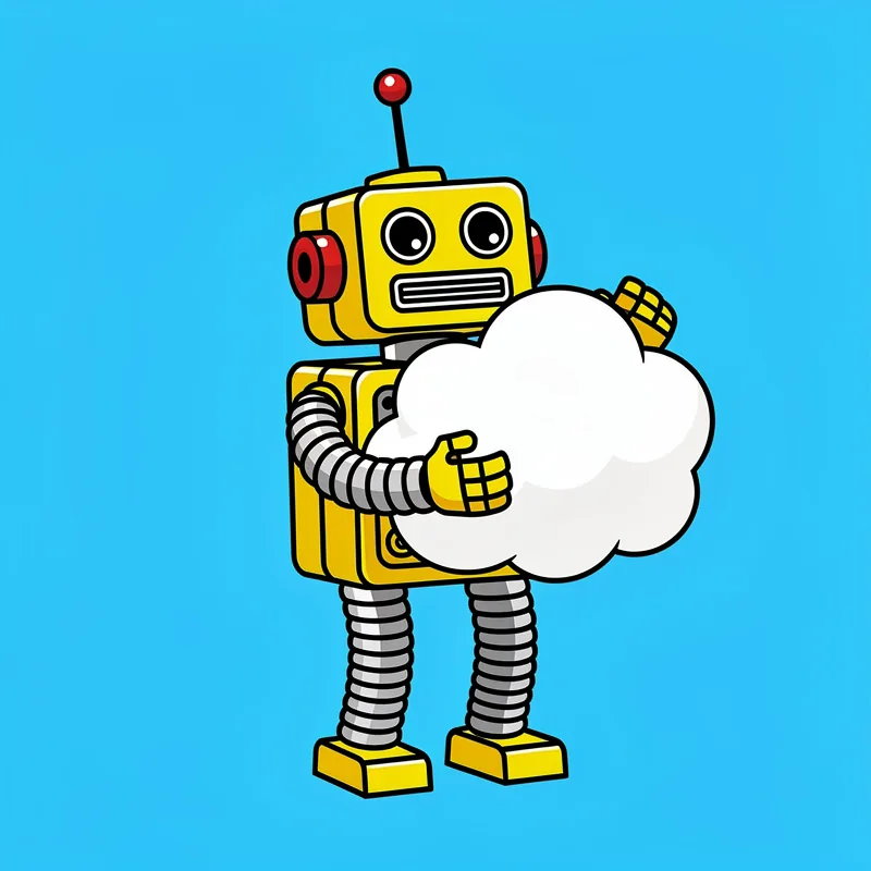 A yellow cartoon robot with red circular ear pieces, large round eyes, and a rectangular mouth stands against a bright blue background, holding a white cloud shape in its articulated arms. The robot has spring-like legs, yellow rectangular feet, and a red antenna ball on top of its head.