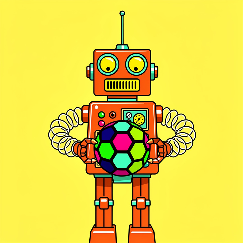 An orange robot with yellow circular eyes, spring-like yellow arms, and an antenna stands against a bright yellow background, holding a multicolored soccer ball (with magenta, green, cyan, and navy hexagonal panels) in front of its chest panel which displays buttons and a small screen.