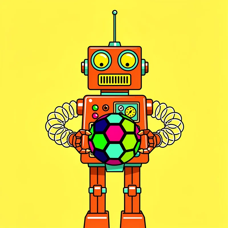 An orange robot with yellow circular eyes, spring-like yellow arms, and an antenna stands against a bright yellow background, holding a multicolored soccer ball (with magenta, green, cyan, and navy hexagonal panels) in front of its chest panel which displays buttons and a small screen.