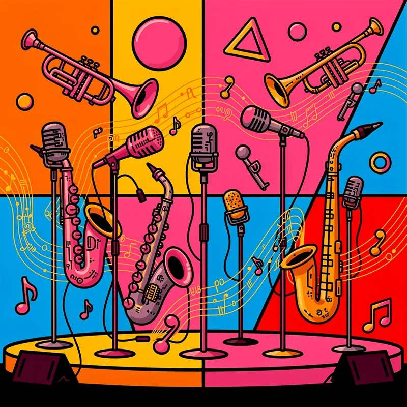 Colorful illustration of multiple microphone stands and musical instruments including trumpets arranged on a vibrant multi-colored background with orange, yellow, pink, blue and red panels, representing podcast recording studio or music performance setup