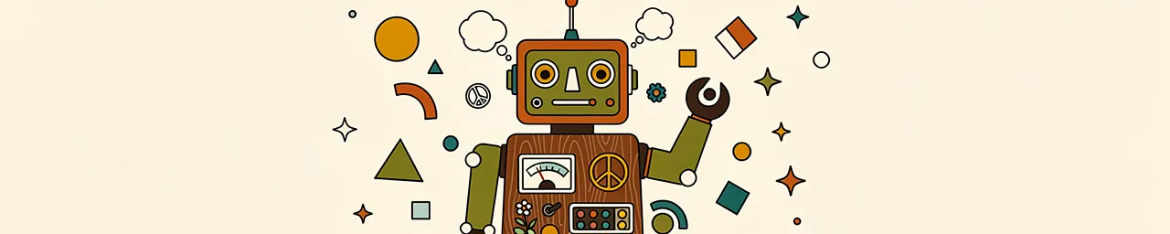A retro-styled robot illustration with a brown/orange square head and body, featuring circular eyes, an antenna, a peace symbol on its chest, gauges and dials, and mismatched colored legs (yellow and teal). The robot is surrounded by floating geometric shapes including circles, hexagons, stars, and rectangles in earth tones (browns, teals, yellows, and olive greens) against a cream-colored background.