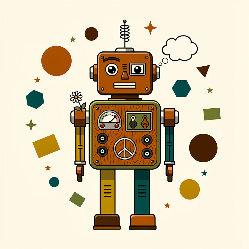 A retro-styled robot illustration with a brown/orange square head and body, featuring circular eyes, an antenna, a peace symbol on its chest, gauges and dials, and mismatched colored legs (yellow and teal). The robot is surrounded by floating geometric shapes including circles, hexagons, stars, and rectangles in earth tones (browns, teals, yellows, and olive greens) against a cream-colored background.
