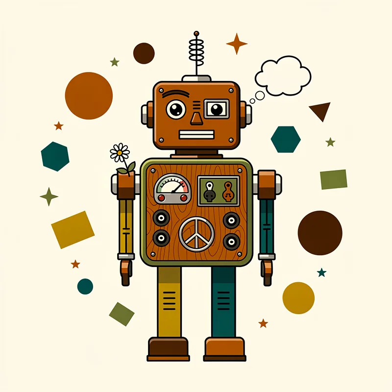 A retro-styled robot illustration with a brown/orange square head and body, featuring circular eyes, an antenna, a peace symbol on its chest, gauges and dials, and mismatched colored legs (yellow and teal). The robot is surrounded by floating geometric shapes including circles, hexagons, stars, and rectangles in earth tones (browns, teals, yellows, and olive greens) against a cream-colored background.