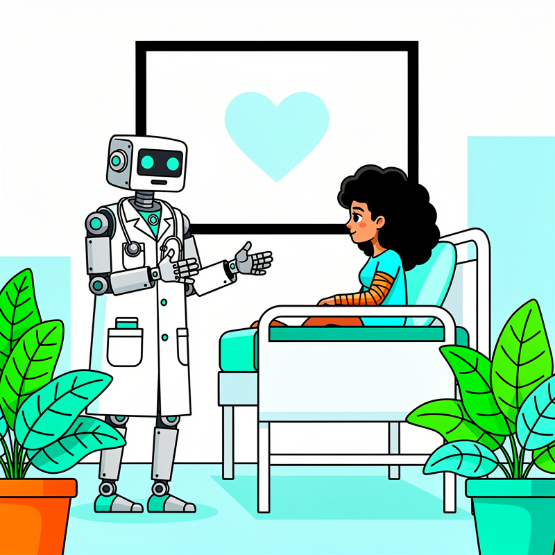 A white and turquoise robot wearing a doctor's coat stands beside a hospital bed where a patient with black curly hair and an orange cast on their arm lies under turquoise bedding. Behind them is a white board with a light blue heart, and green potted plants flank both sides of the scene against a turquoise and white background.