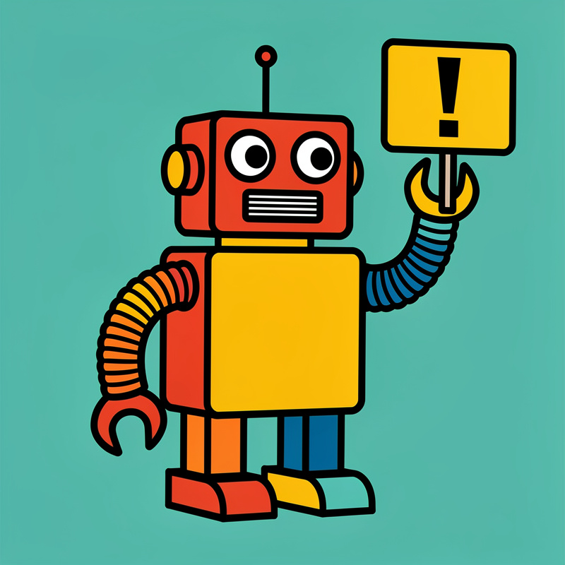 A cartoon robot with a red rectangular head, large white and black eyes, and a yellow body stands against a turquoise background. The robot has colorful striped arms (one orange, one blue) ending in a wrench and claw, wears orange and blue striped legs, and holds up a yellow warning sign with a black exclamation mark.