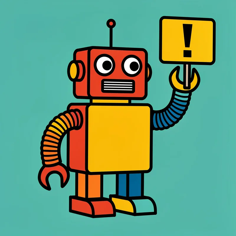 A cartoon robot with a red rectangular head, large white and black eyes, and a yellow body stands against a turquoise background. The robot has colorful striped arms (one orange, one blue) ending in a wrench and claw, wears orange and blue striped legs, and holds up a yellow warning sign with a black exclamation mark.