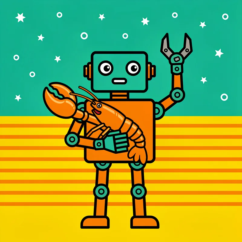 A retro-style cartoon robot with a teal rectangular head and orange body holds a large orange lobster or crayfish, with one mechanical arm raised that has a claw attachment. The background is divided between teal upper portion with decorative stars and circles, and a yellow lower portion with horizontal orange stripes.