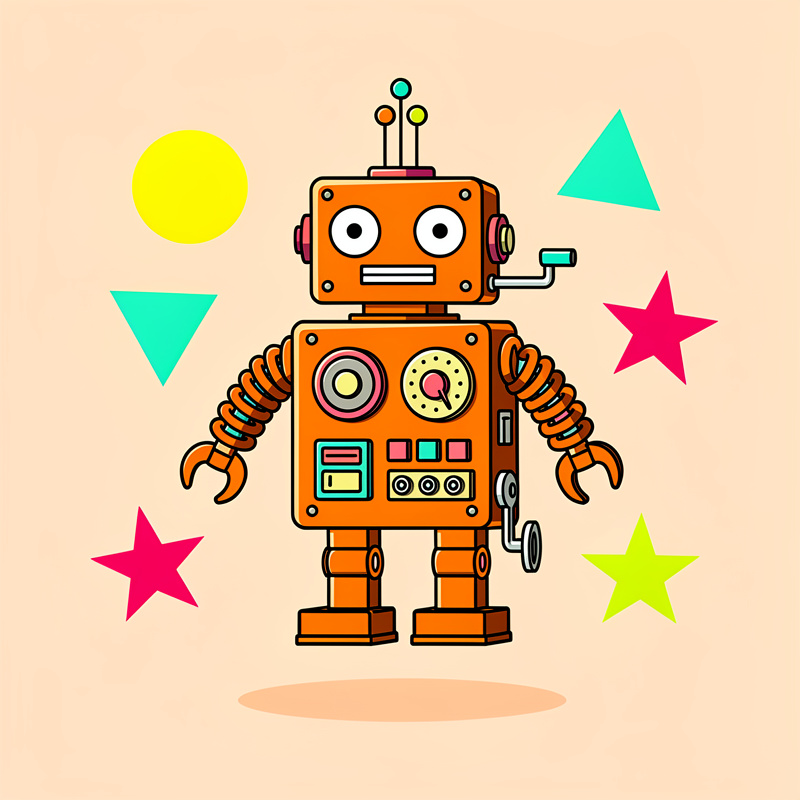 An orange cartoon robot with large googly eyes, springy arms with claw hands, and various colorful buttons and dials on its body floats above a peach-colored shadow, surrounded by geometric shapes including yellow and cyan circles and triangles, and pink and yellow stars on a beige background.
