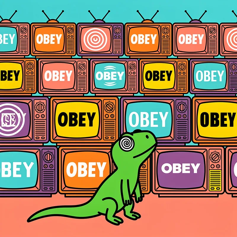 Cartoon illustration of a lizard with dazzled eyes looking at a wall of televisions with different variations of the word "Obey"