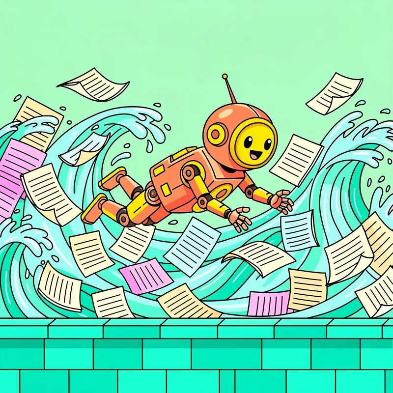 Robot swimming through a pool, but instead of water it has documents
