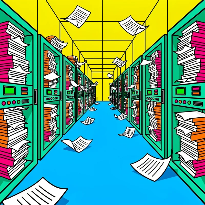 Colorful server room data center with vibrant neon filing cabinets, scattered documents on checkered floor, and overhead cable management representing digital information technology infrastructure and cloud computing storage systems
