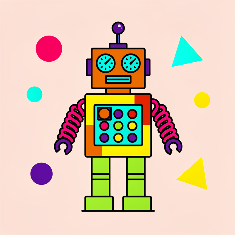 A colorful cartoon robot with an orange rectangular head, yellow and red rectangular body displaying a grid of colored circles, pink coiled arms, and lime green legs stands centered on a light pink background. Surrounding the robot are geometric shapes: a hot pink circle (upper left), small cyan circle (left), purple circle (lower left), cyan triangle (upper right), yellow circle (right), and yellow triangle (lower right).