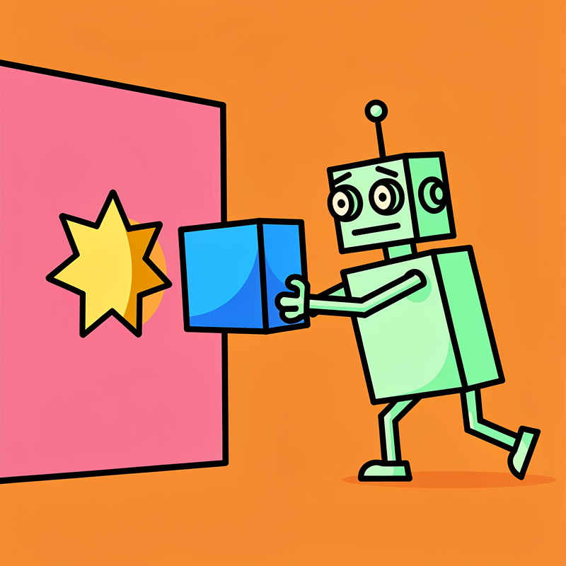 A green robot with three circular eyes and an antenna is knocking on or reaching toward a pink door that has a yellow starburst symbol on it, set against an orange background.