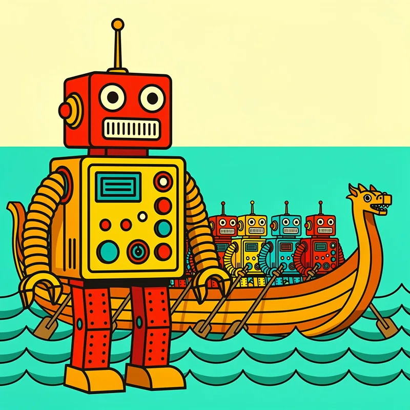 Retro 1970s toy robot with boxy square head, rectangular body, accordion tube arms with claw hands, square head with single antenna on top, two circular eyes, rectangular mouth grille supervising a bunch of similar robots rowing a ship.