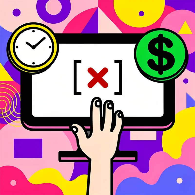 A hand reaches toward a laptop screen displaying a red X symbol in brackets, with a clock icon on the left side and a green dollar sign icon on the right side, set against a vibrant background of geometric shapes in purple, pink, yellow, and blue.