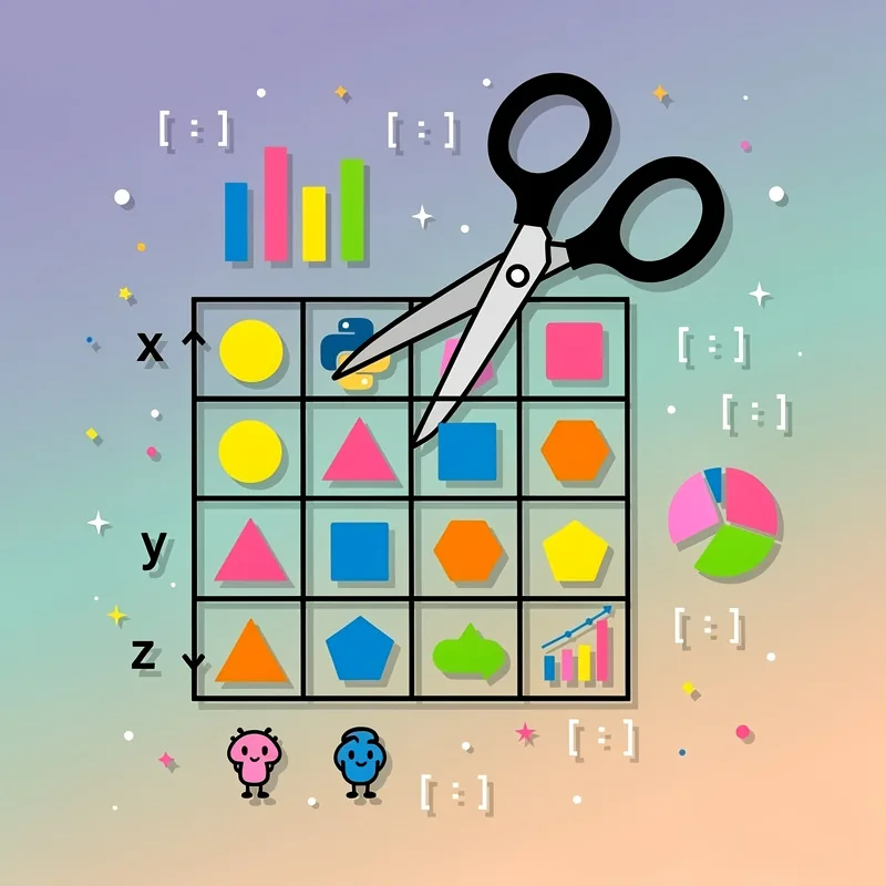 Grid diagram with colorful geometric shapes, scissors, and axis labels symbolizing data analysis, machine learning model optimization, and feature selection in Python