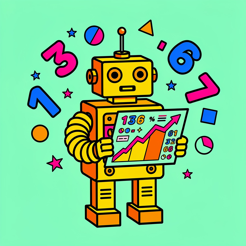 A yellow and orange robot with a boxy design holds a tablet displaying colorful analytics data including numbers (136, 61, 32, 68), percentages, charts, and an upward trending arrow. The robot is surrounded by floating numbers (1, 3, 6, 7) in pink and blue, along with geometric shapes like stars, circles, triangles, and squares on a mint green background.