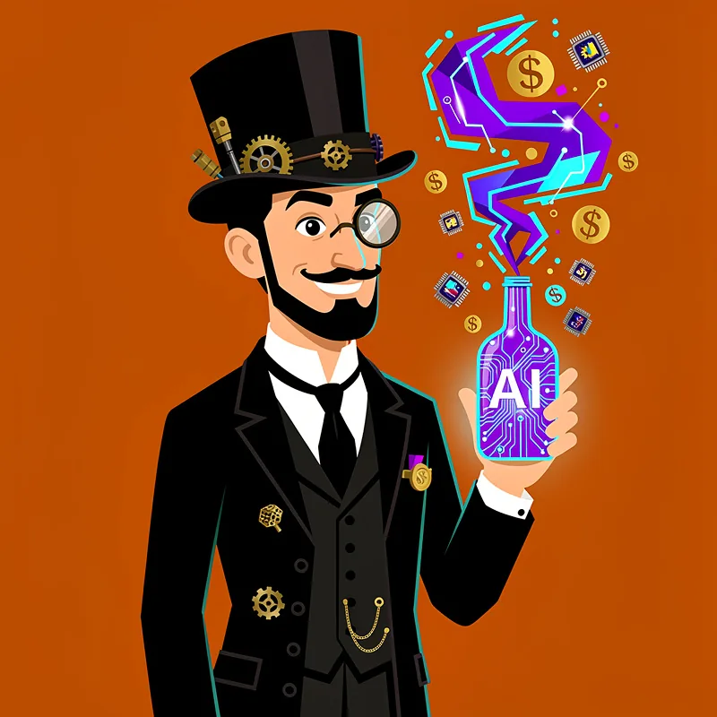 Vintage gentleman with top hat and monocle holding AI-powered bottle - artificial intelligence technology illustration with retro Victorian steampunk character on orange background