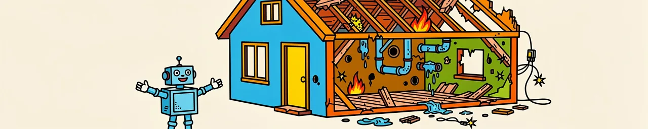A cartoon illustration shows a blue, green, and orange house in cross-section with severe damage including fire on the roof, broken walls, water leaks, and exposed plumbing, while a cheerful blue robot character with a wrench stands in front giving a thumbs up.