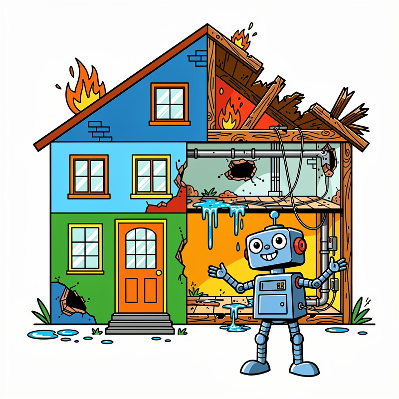 A cartoon illustration shows a blue, green, and orange house in cross-section with severe damage including fire on the roof, broken walls, water leaks, and exposed plumbing, while a cheerful blue robot character with a wrench stands in front giving a thumbs up.